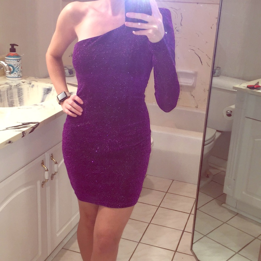 Purple one shoulder long sleeve mini